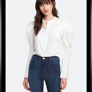 ALC Hudson white crisp collarless top with puff sleeves size 6.